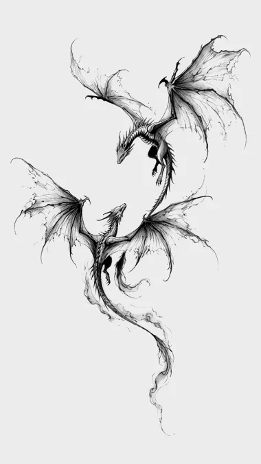 Flash #019 — Twin Dragons fine line flash tattoo in Prague by Andrey Kovalov