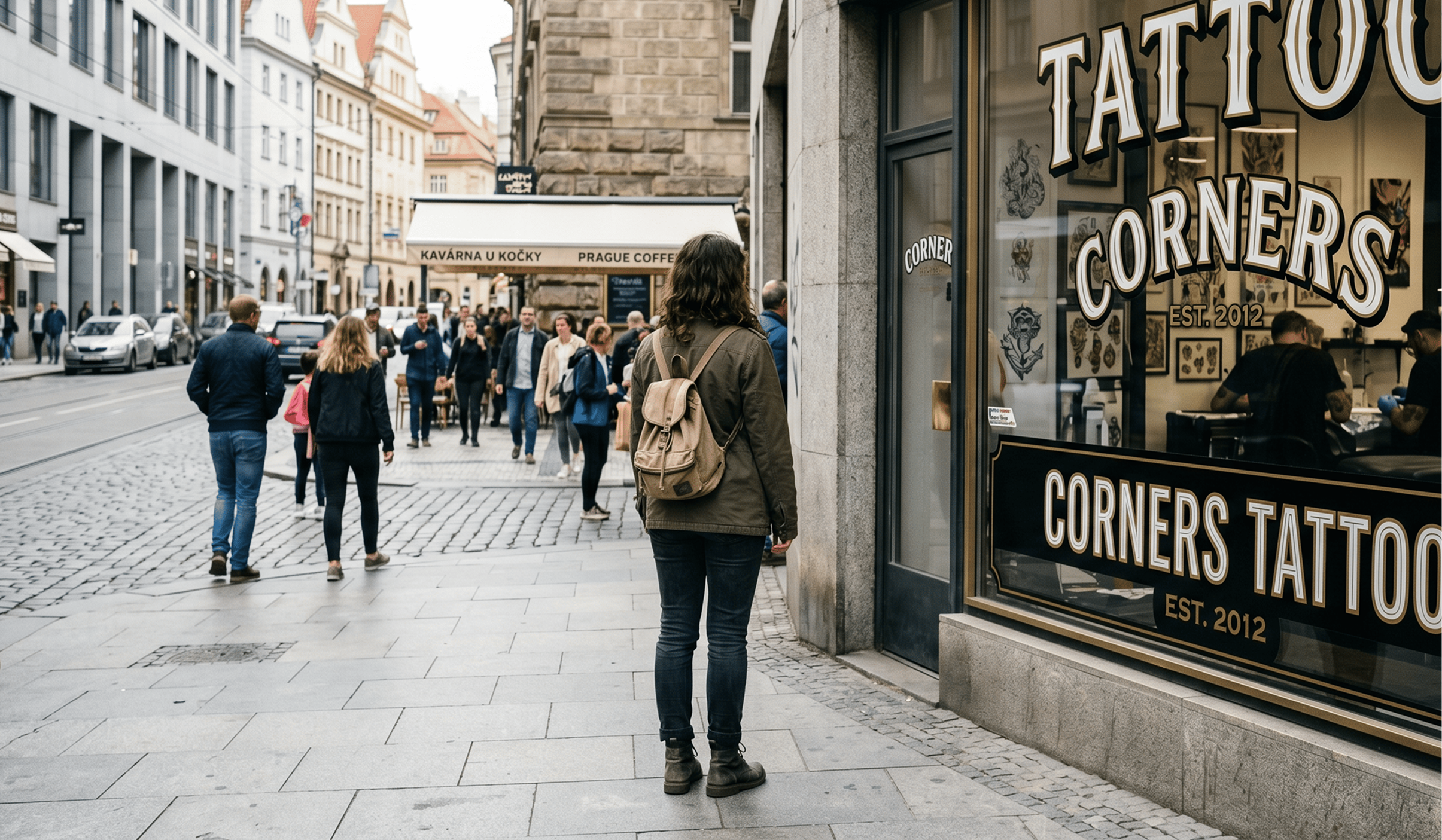 Person standing in front of a tattoo studio window in Prague — how to choose a tattoo artist