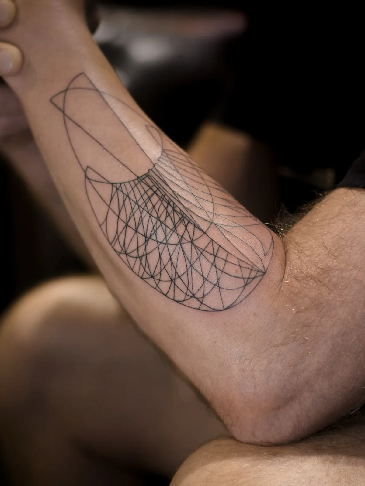 Parametric geometry fine line tattoo on forearm in Prague by Andrey Kovalov